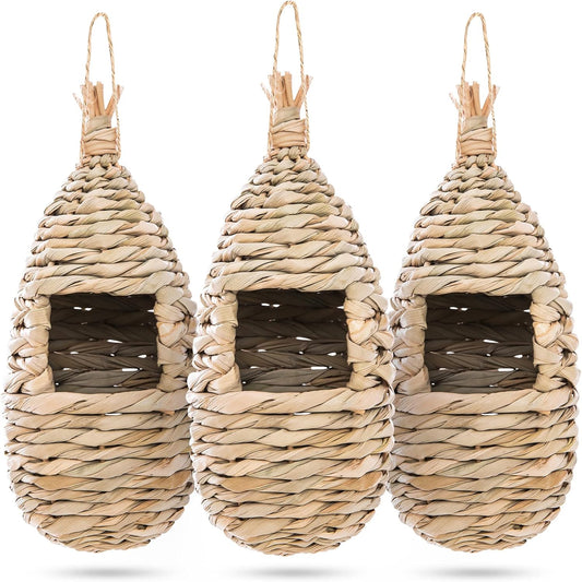 Set of 3 Natural Reed Grass Hanging Wild Birdhouses