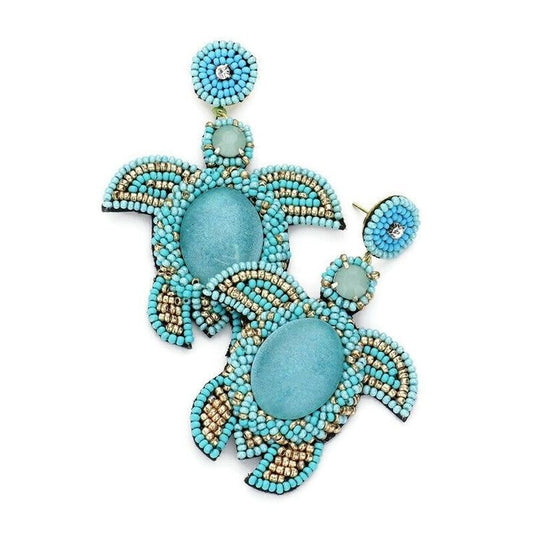 Beaded Natural Stone Turquoise Sea Turtle Earrings