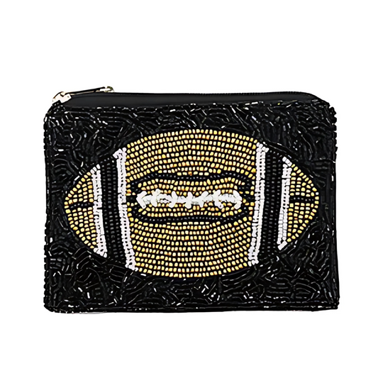 FOOTBALL Black Gold Beaded Coin Money Pouch