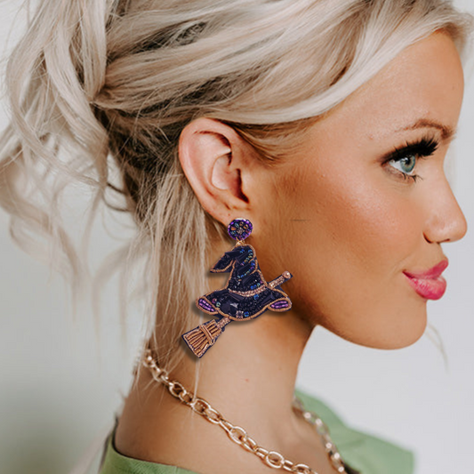 Halloween Witch Hat Crystal Sparkle Beaded Earrings