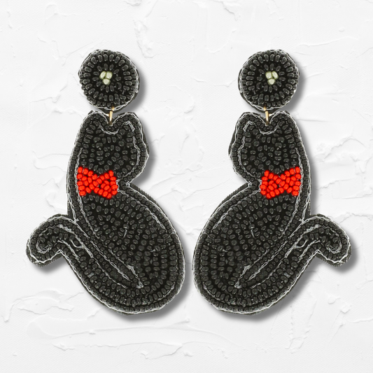 Red Bowtie Black Cat Beaded Drop Earrings