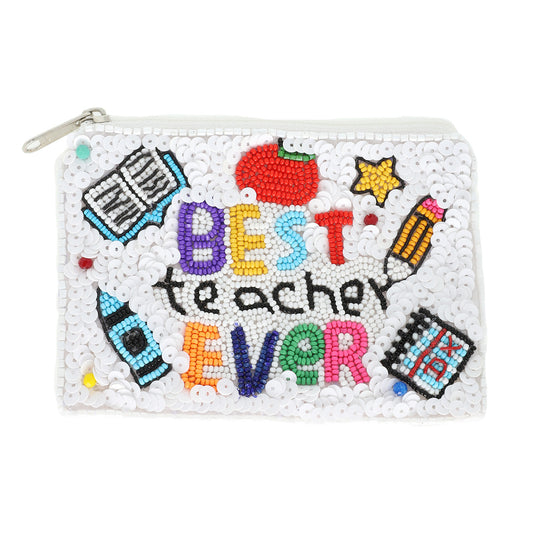 BEST TEACHER EVER Beaded Coin Purse Money Pouch