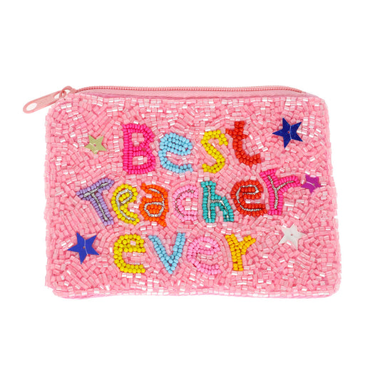 BEST TEACHER EVER Pink Beaded Coin Purse Money Pouch