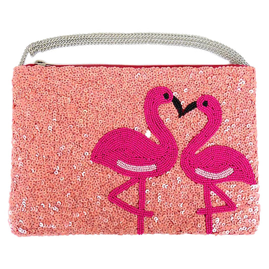 Pink Flamingo Love Sparkle Beaded Crossbody Clutch Handbag