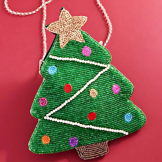 Christmas Tree Pearl Beaded Crossbody Purse Bag