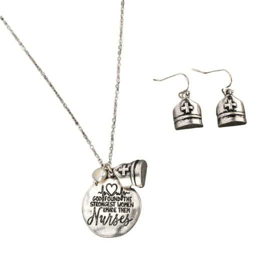 NURSE Inspirational Quote Silver Dipped Necklace Earrings SET