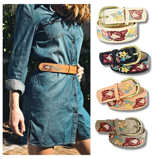 Hand-Embroidered Floral Boho Vegan Leather Buckle Belt