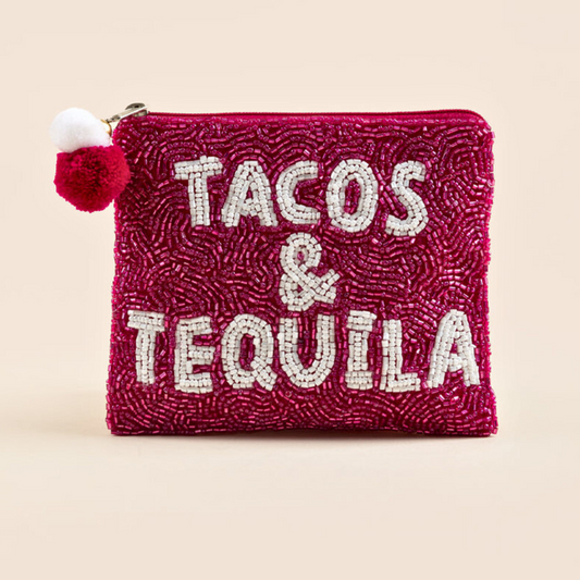 TACOS & TEQUILA Seed Beaded Coin Money Storage Pouch