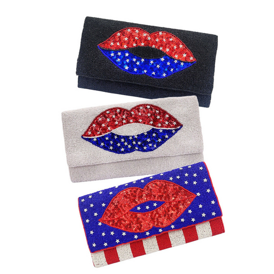 American Kiss USA Sequin Lips Patriotic Beaded Crossbody Clutch