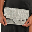 Silver Scalloped Beaded Crossbody Clutch Handbag