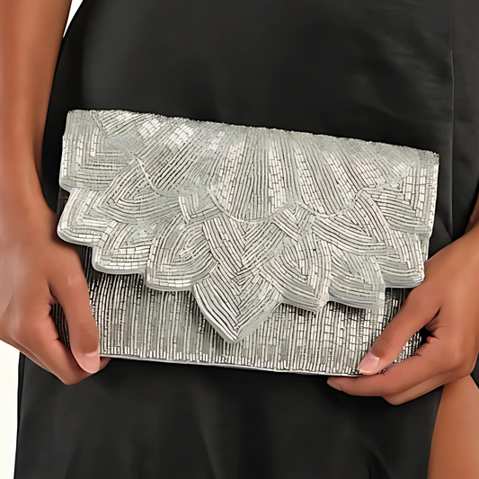 Silver Scalloped Beaded Crossbody Clutch Handbag
