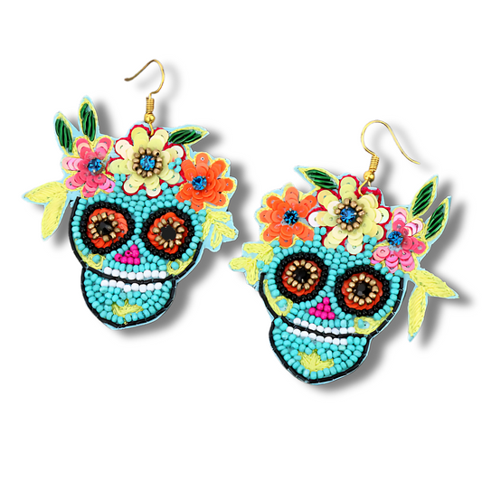 Mardi Gras Beaded Turquoise Sugar Skull Earrings