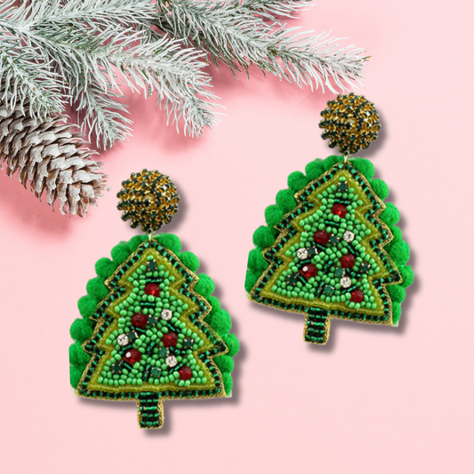 Fuzzy Pom-Pom Seed Beaded Festive Christmas Tree Earrings