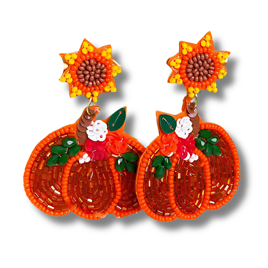 Sunflower Sparkle Floral Pumpkin Beaded Earrings