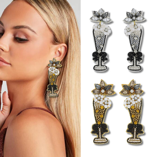 Raise A Toast Champagne Flute Pearl Beaded Crystal Earrings