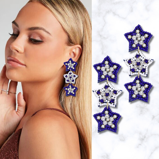 Blue White Stars Football Team Colors Beaded Earrings