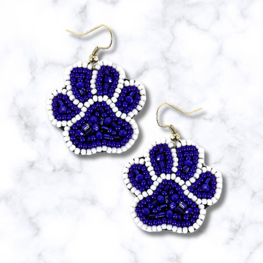 Blue White Paw Print Football Team Colors Bead Earrings