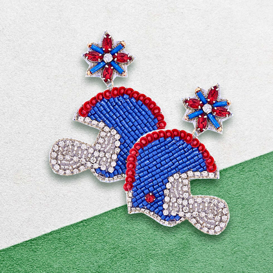 Red Blue Football Team Colors Beaded Crystal Helmet Earrings