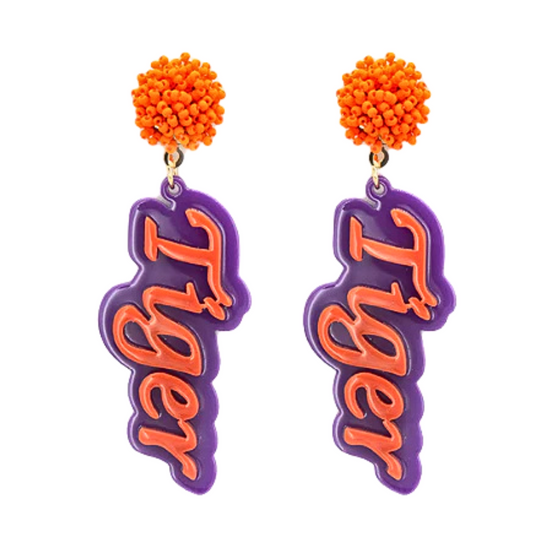 Clemson Tiger Word Football Acrylic Orange Purple Earrings