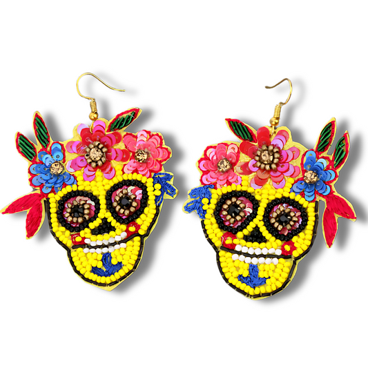 Mardi Gras Beaded Yellow Sugar Skull Earrings