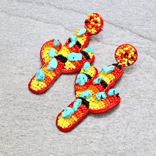 Colorful Natural Stone Seed Beaded Western Cactus Earrings