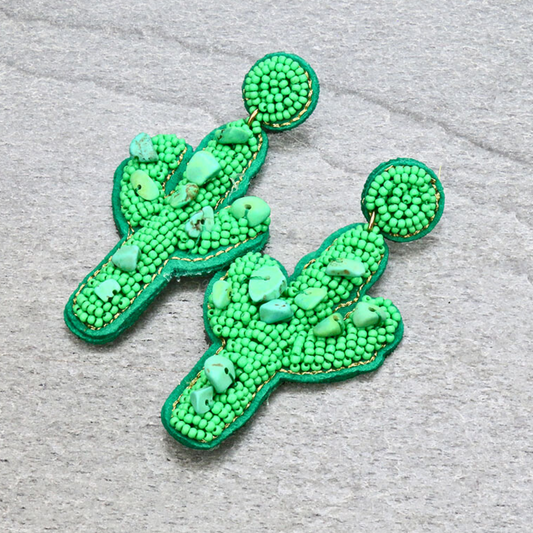 Green Natural Stone Seed Beaded Western Cactus Earrings