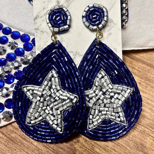 Dallas Cowboys Blue Silver Star Glass Beaded Teardrop Earrings