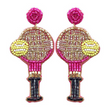 TENNIS Theme Seed Beaded Pink Sparkle Racket Earrings