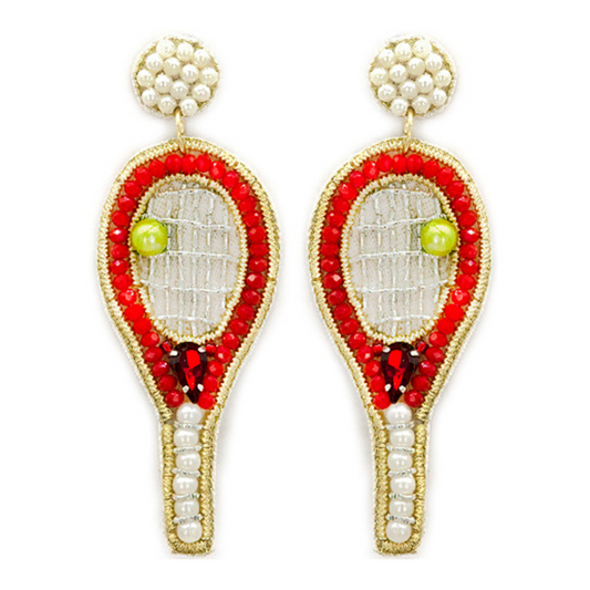 TENNIS Theme Seed Beaded Red Sparkle Racket Earrings