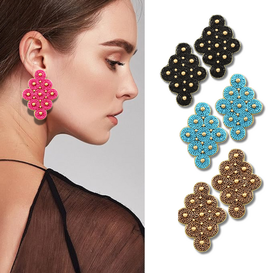 Seed Bead Cluster Circle Drop Gold Beaded Earrings