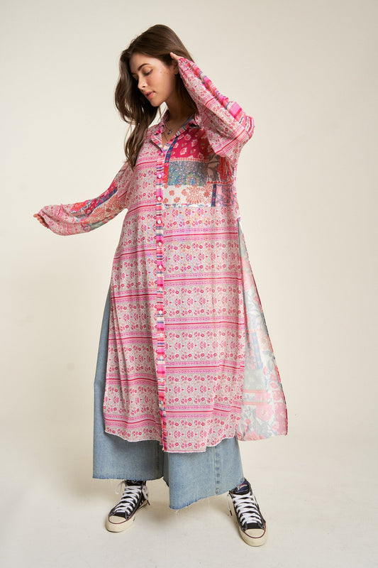Pink Boho Patchwork Cottagecore Button Maxi-Shirt Cover-up