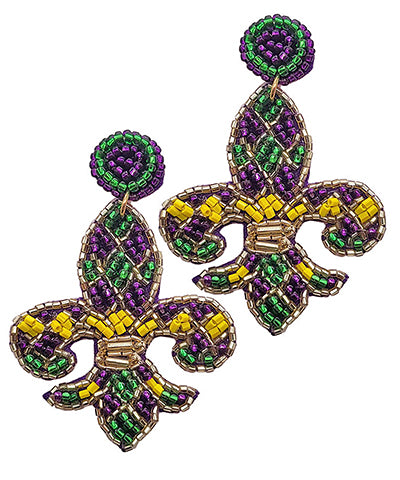 Mardi Gras Fleur De Lis Beaded Earrings