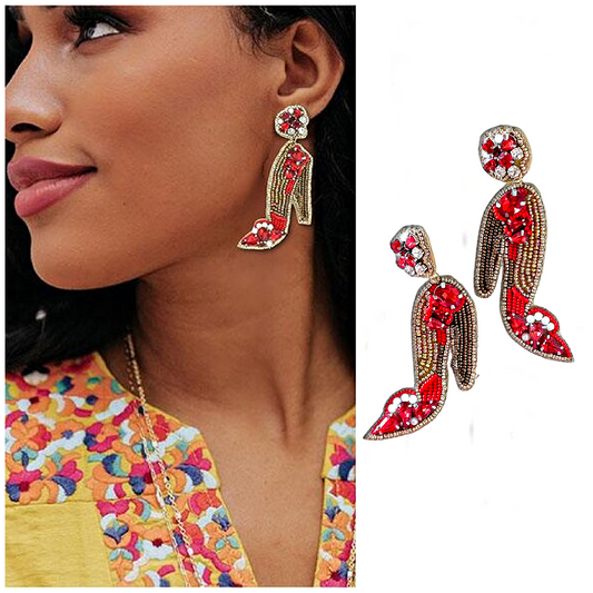 Ruby Slippers Red Heel Crystal Rhinestone Beaded Earrings