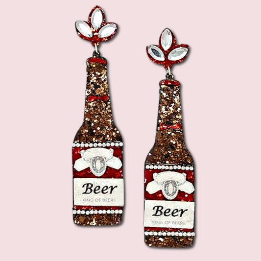 Bud Beer Bottle Vegan Leather Glitter Earrings