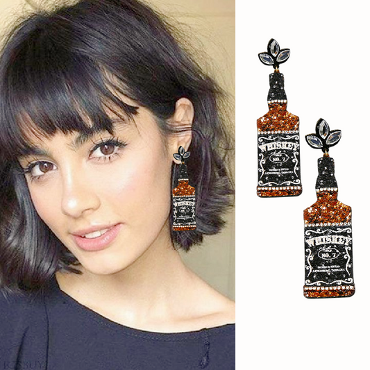 Whiskey Brand Bottle Glitter Leather Cut Earrings