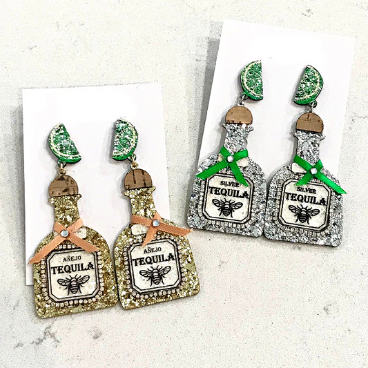 Iconic Tequila Brand Bottle Vegan Leather Glitter Earrings