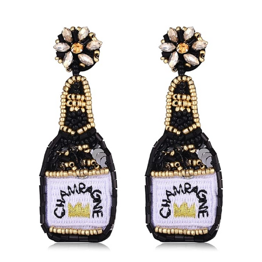 Black White Champagne Bottle Crystal Beaded Earrings