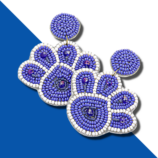 Blue White Paw Print Football Team Colors Beaded Earrings