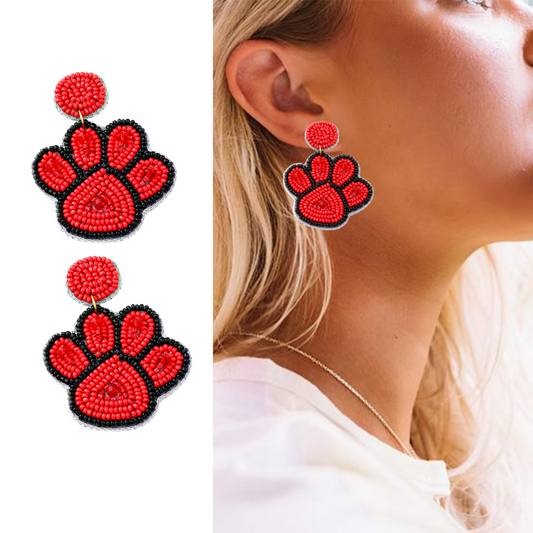 Black Red Football Team Colors Paw Beaded Earrings