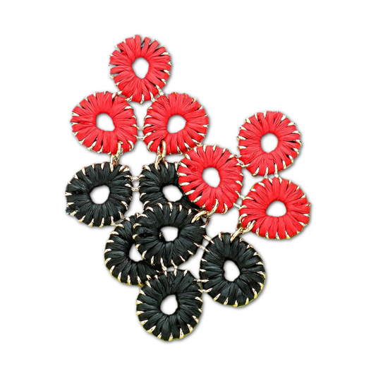 Red Black Football Team Colors Raffia Teardrop Earrings