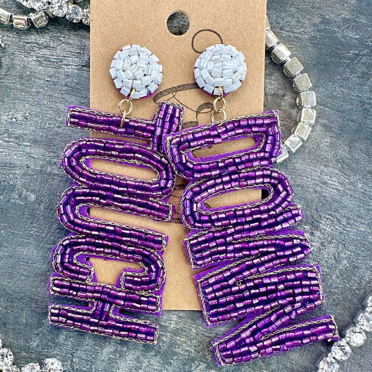 Purple White Football Team Colors TOUCH DOWN Beaded Earrings