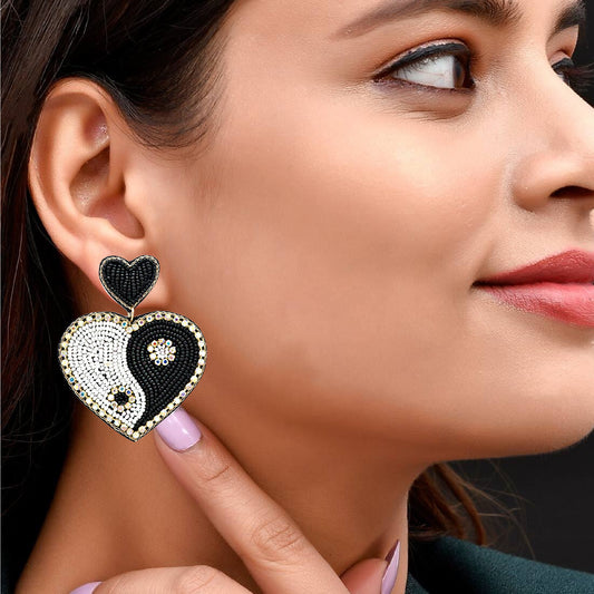 Heart Yin Yang Symbol Rhinestone Beaded Earrings
