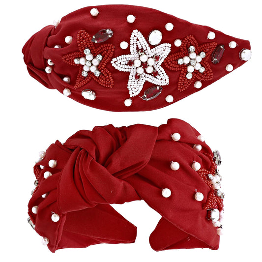 Crimson Red White Alabama Star Football Fan Beaded Headband