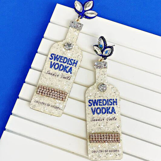 Iconic Swedish Vodka Brand Bottle Leather Glitter Earrings