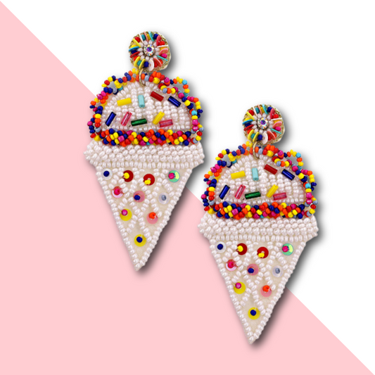 Seed Beaded Sprinkle Top Ice Cream Cone Earrings