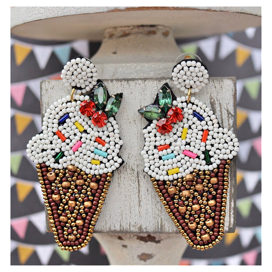 Seed Beaded Cherry Top Ice Cream Cone Earrings