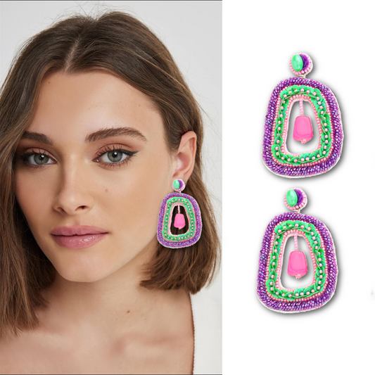 Violet Beaded Pearl Drop Geometric Earrings