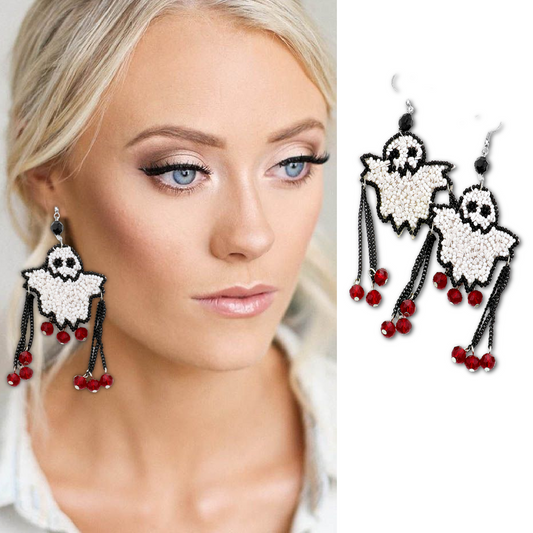 Halloween Austrian Crystal Seed Beaded Spooky Ghost Dangle Earrings
