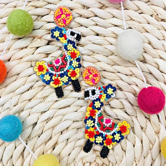 Festive Llama Alpaca Seed Beaded Earrings