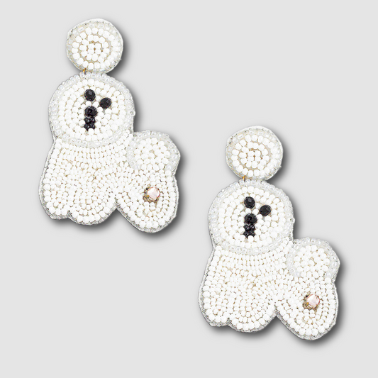 White Pink Bichon Frise Dog Breed Beaded Earrings